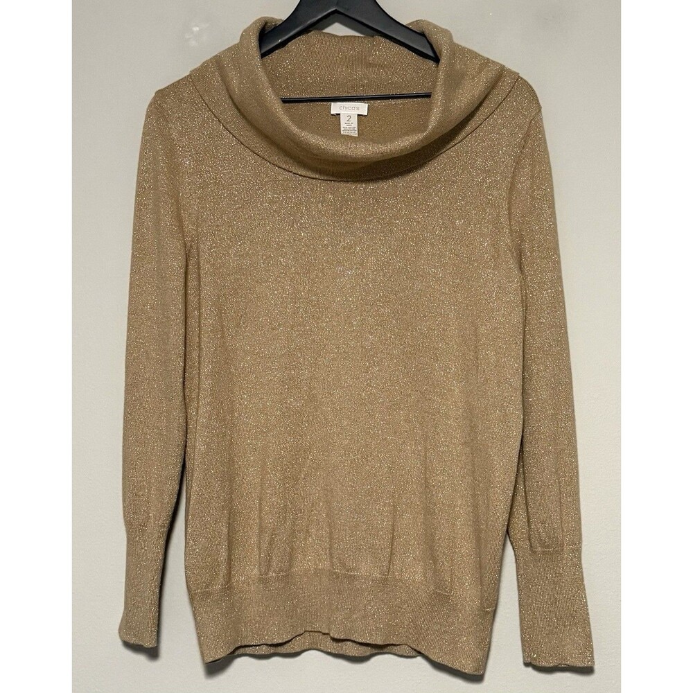 Chico’s Cowl Neck Sweater Sz 2 US 12 Gold Shimmer Metallic